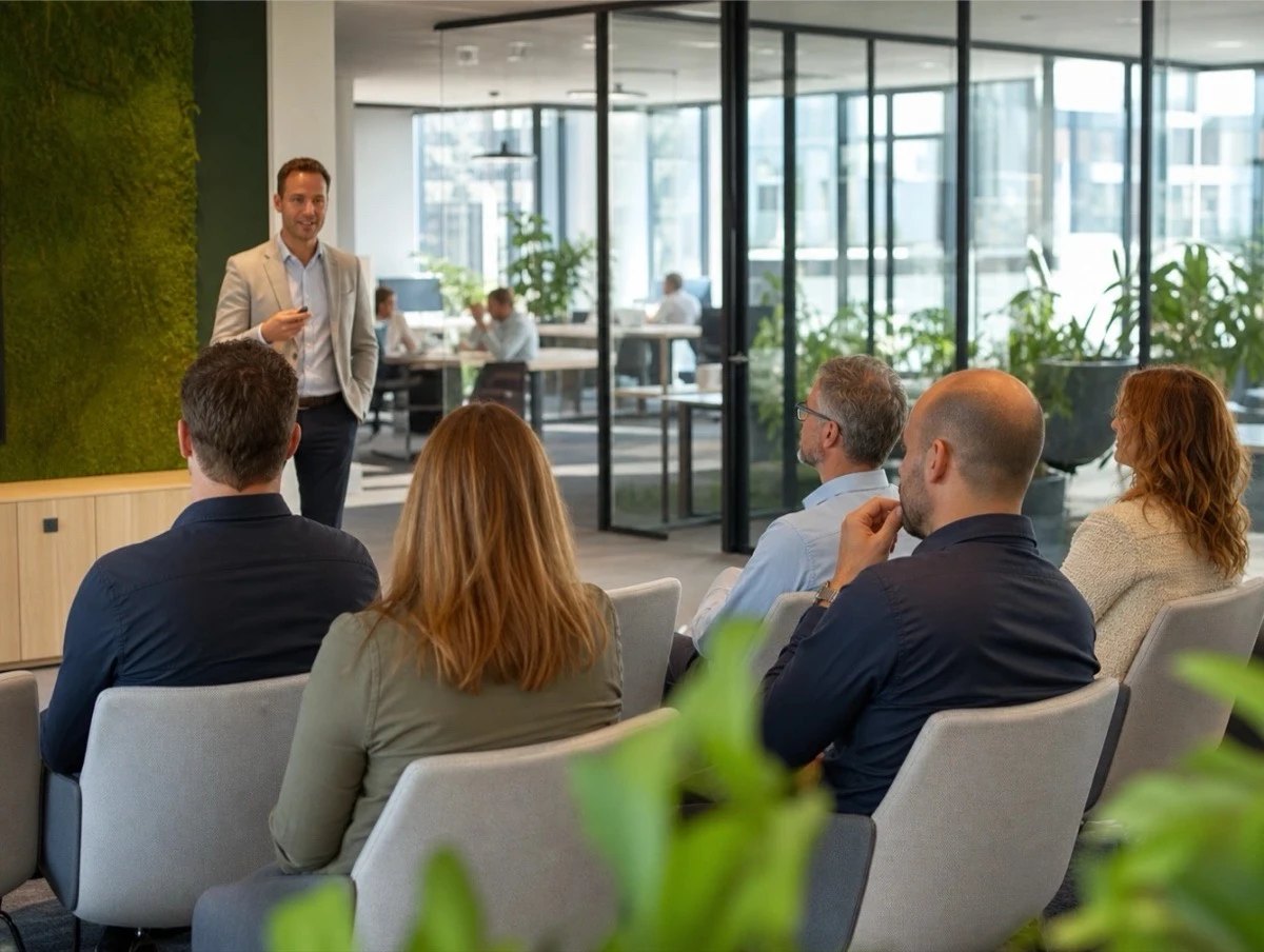 Trainer geeft een ERP-training aan een groep projectmanagers in een licht kantoor