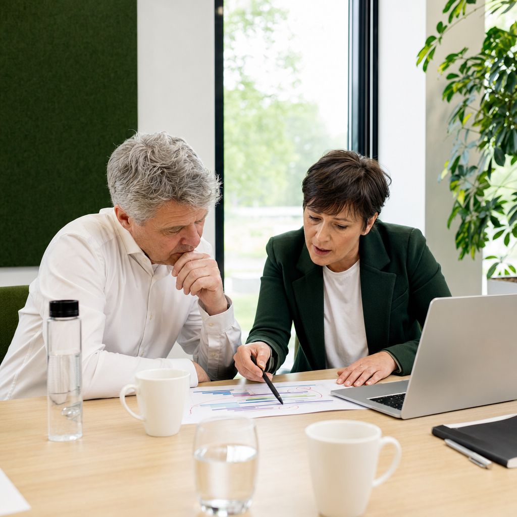 Projectmanager en financieel directeur bespreken een vastgelopen planning