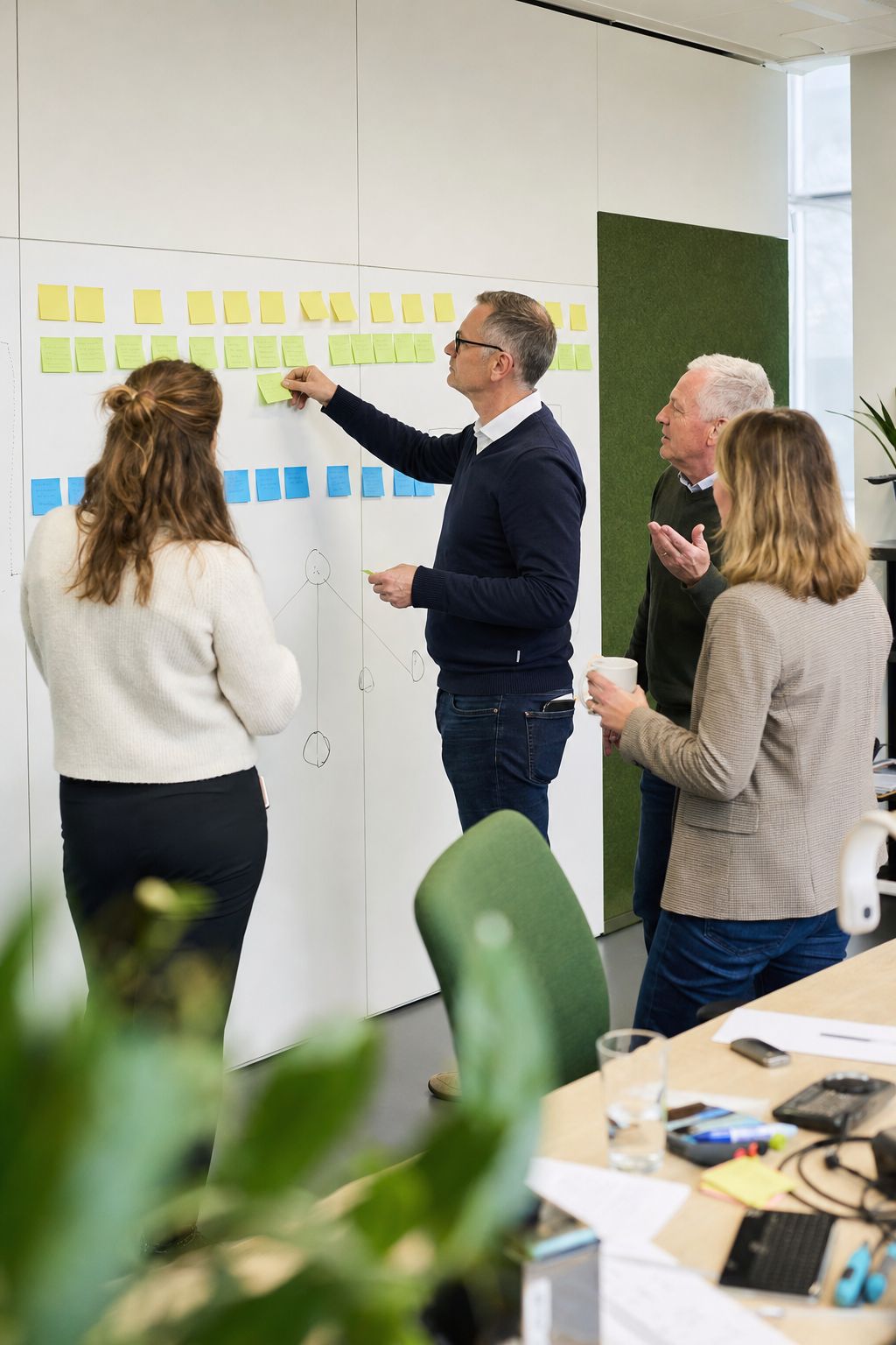 Projectteam zet een ERP-planning uit met memo's op een planbord