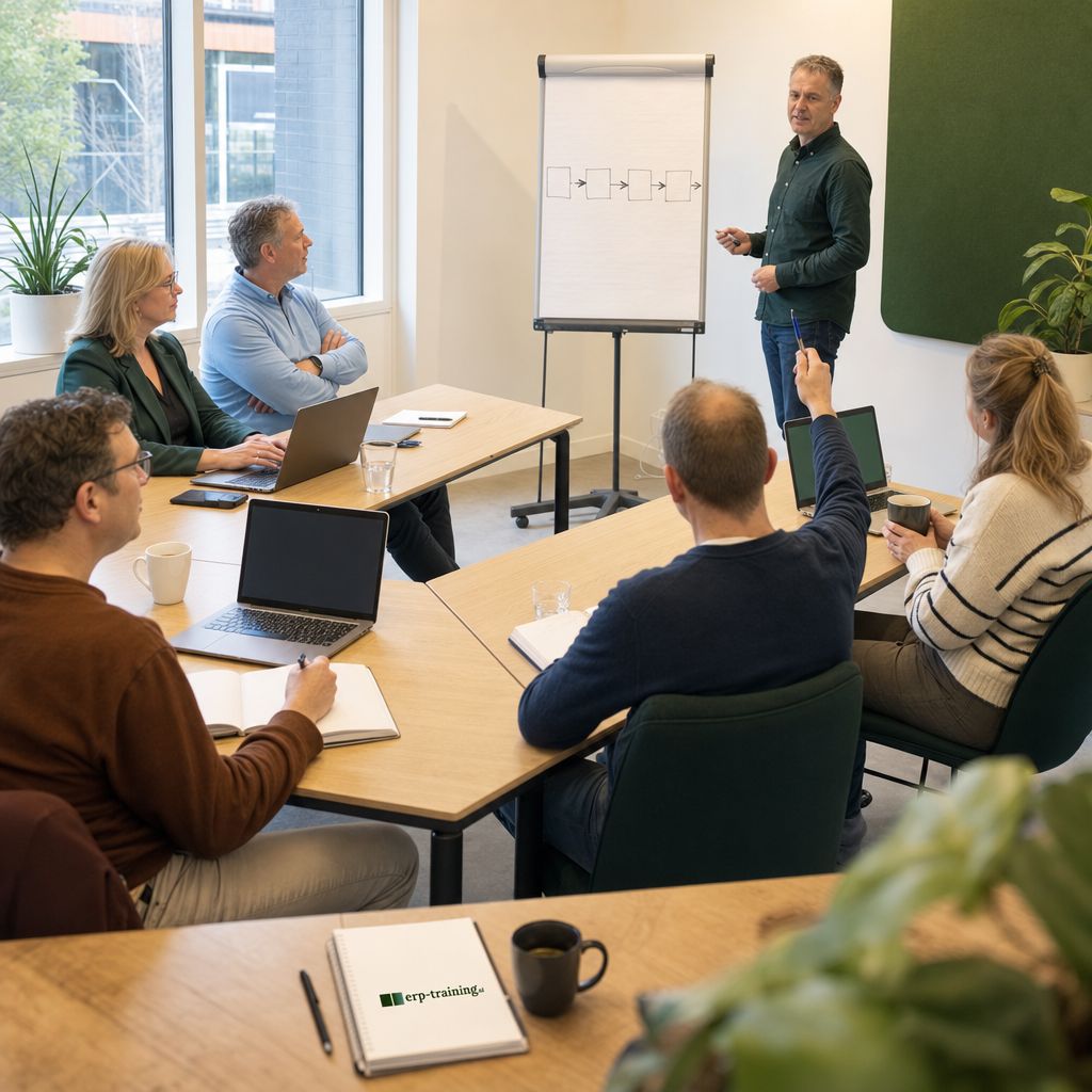Deelnemers en trainer tijdens een ERP-projectmanagementtraining