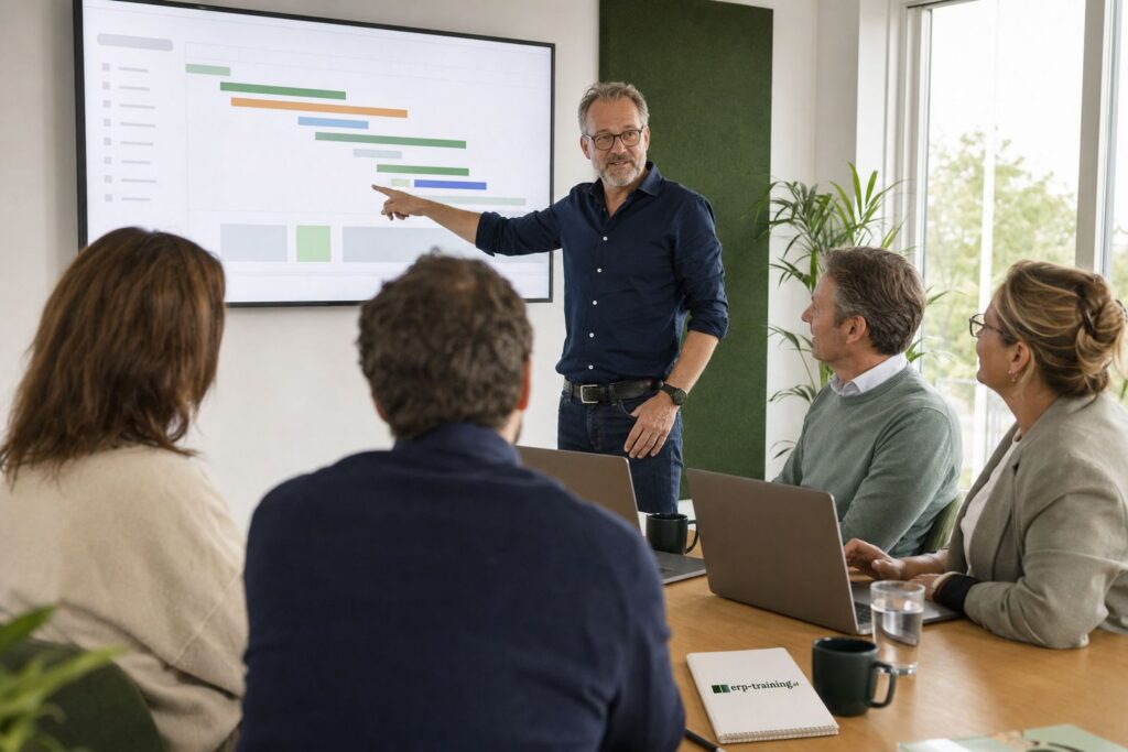 De eerste 90 dagen van je ERP-project: complete checklist 3 Trainer licht een projectplanning toe op een groot scherm
