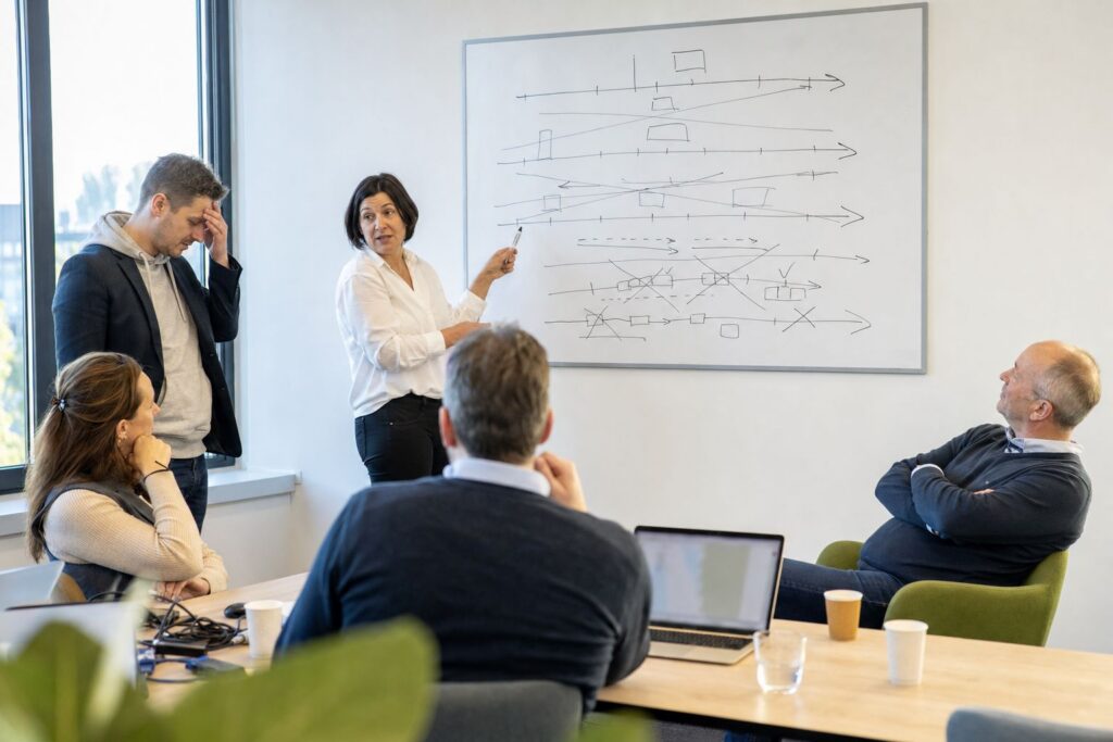 Waarom mislukken zoveel ERP-projecten? De 7 grootste faalfactoren 4 Projectteam bespreekt een opnieuw getekende planning bij het whiteboard